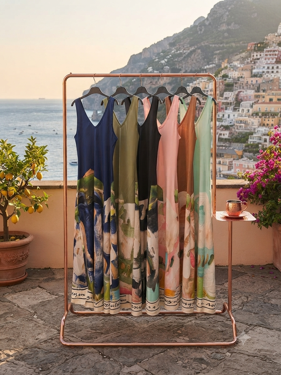 Italian Silk WIDE STRAP V-Maxi Dress -ROSE PINK-Water color print, Made in Italy, Viscose/Silk blend