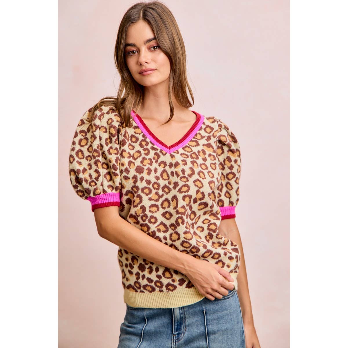 LEOPARD PATTERN PUFF SLEEVE V-NECK SWEATER TOP