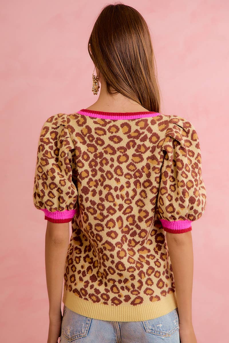 LEOPARD PATTERN PUFF SLEEVE V-NECK SWEATER TOP