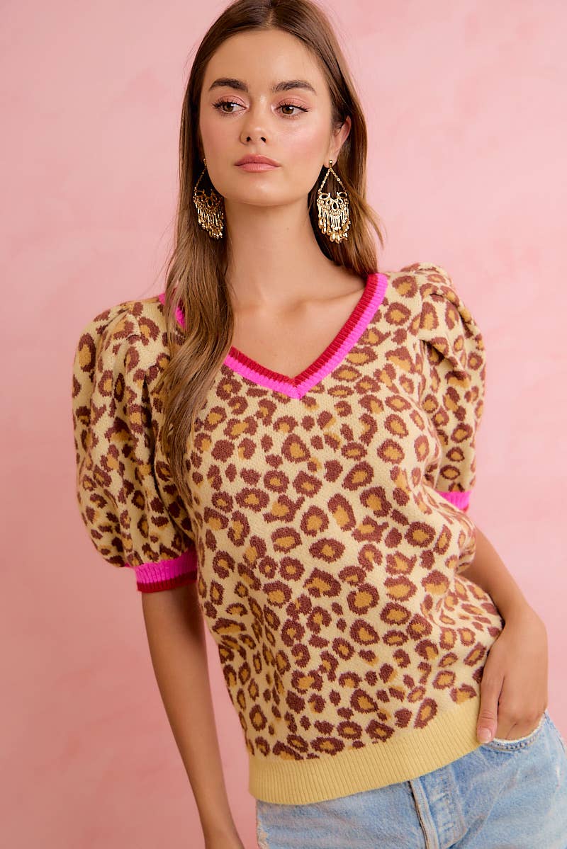 LEOPARD PATTERN PUFF SLEEVE V-NECK SWEATER TOP