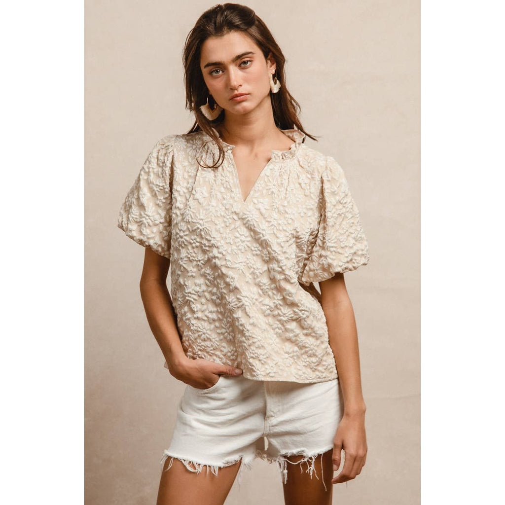 FLORAL PATTERN TEXTURE SLEEVES RUFFLED V-NECK TOP