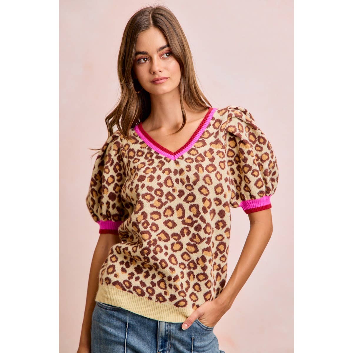 LEOPARD PATTERN PUFF SLEEVE V-NECK SWEATER TOP