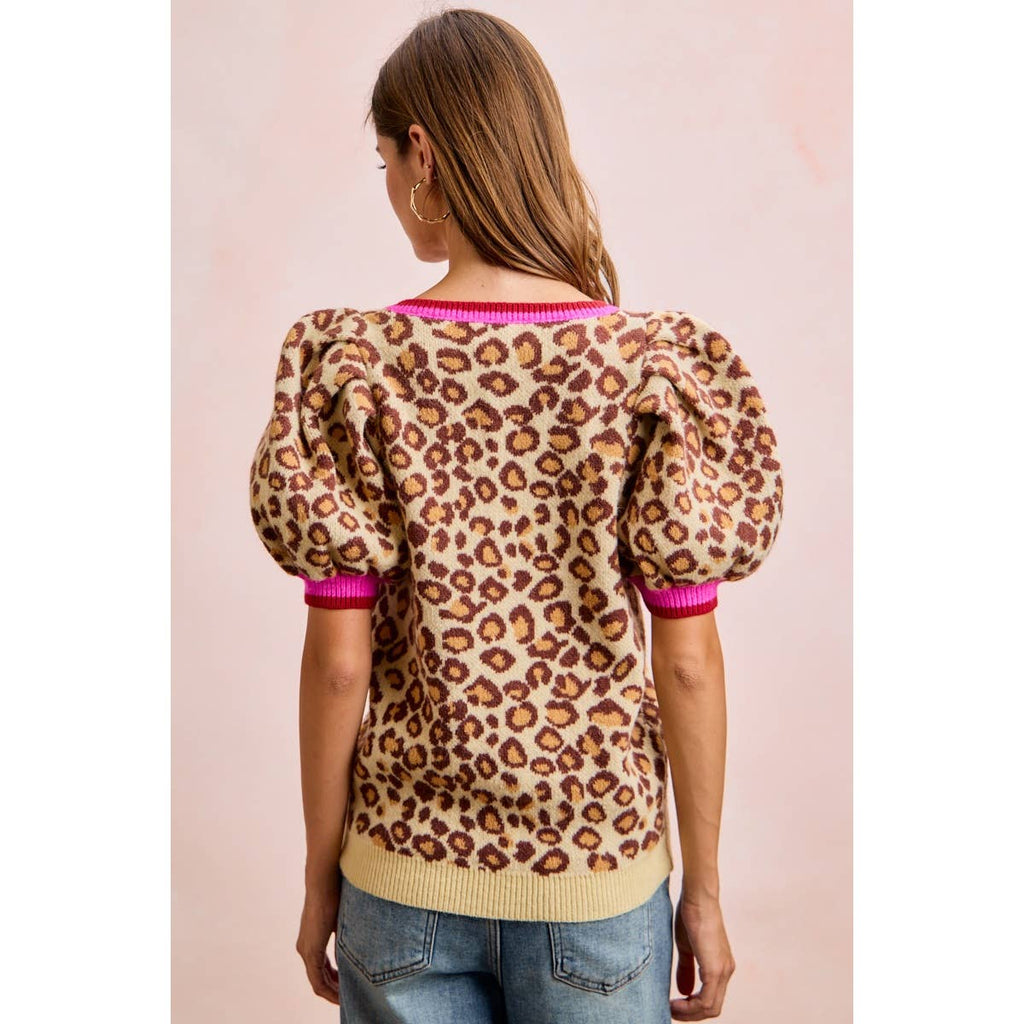 LEOPARD PATTERN PUFF SLEEVE V-NECK SWEATER TOP
