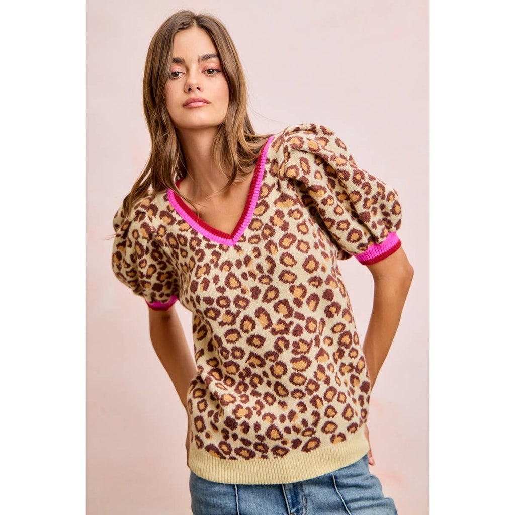 LEOPARD PATTERN PUFF SLEEVE V-NECK SWEATER TOP