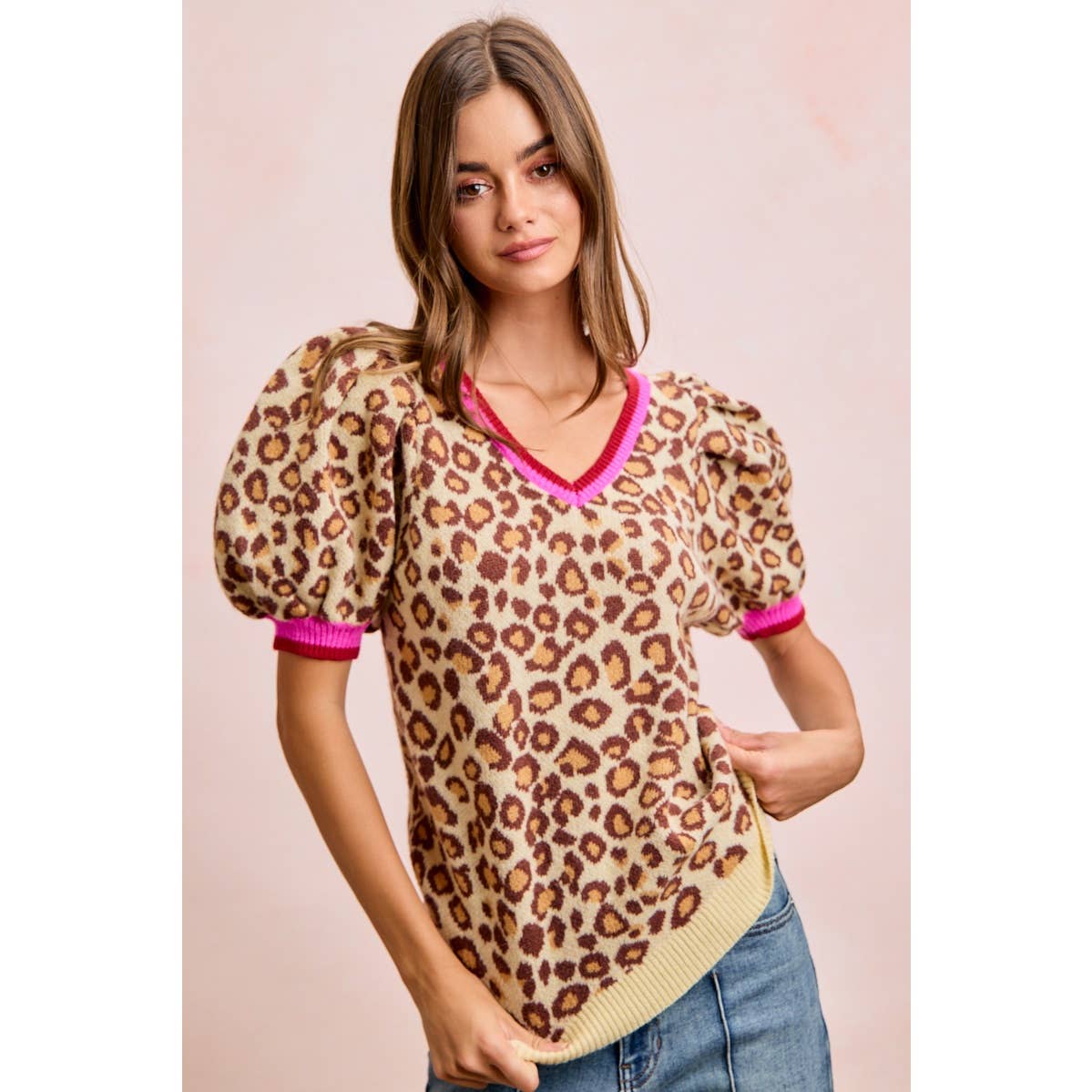 LEOPARD PATTERN PUFF SLEEVE V-NECK SWEATER TOP