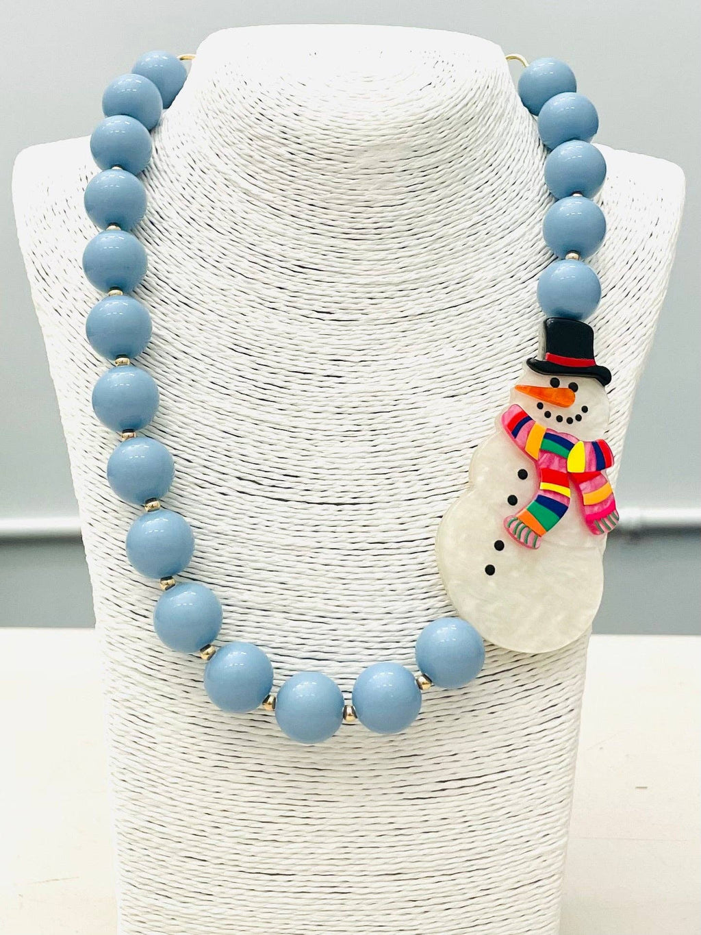 HOLIDAY - Beaded Snowman Necklace (blue/white) BNK1216