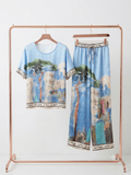 O/S - Italian Watercolour Women’s Pant & Oversized Relaxed Top Set- BABY BLUE - Viscose/ Polyester blend, Made in Italy