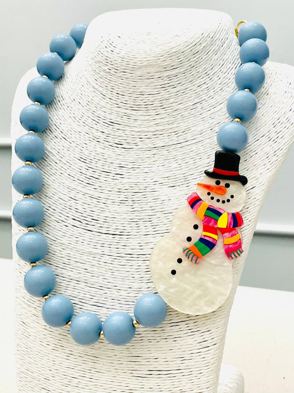 HOLIDAY - Beaded Snowman Necklace (blue/white) BNK1216