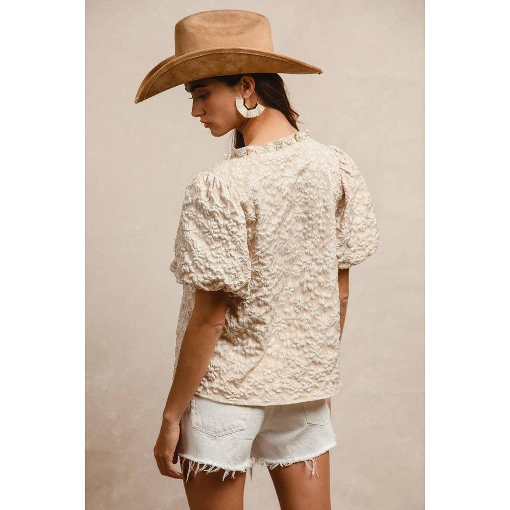 FLORAL PATTERN TEXTURE SLEEVES RUFFLED V-NECK TOP