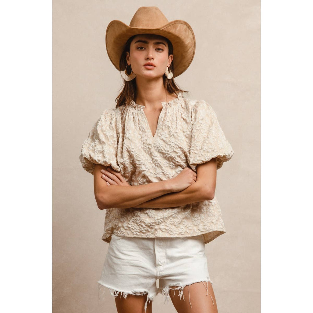FLORAL PATTERN TEXTURE SLEEVES RUFFLED V-NECK TOP