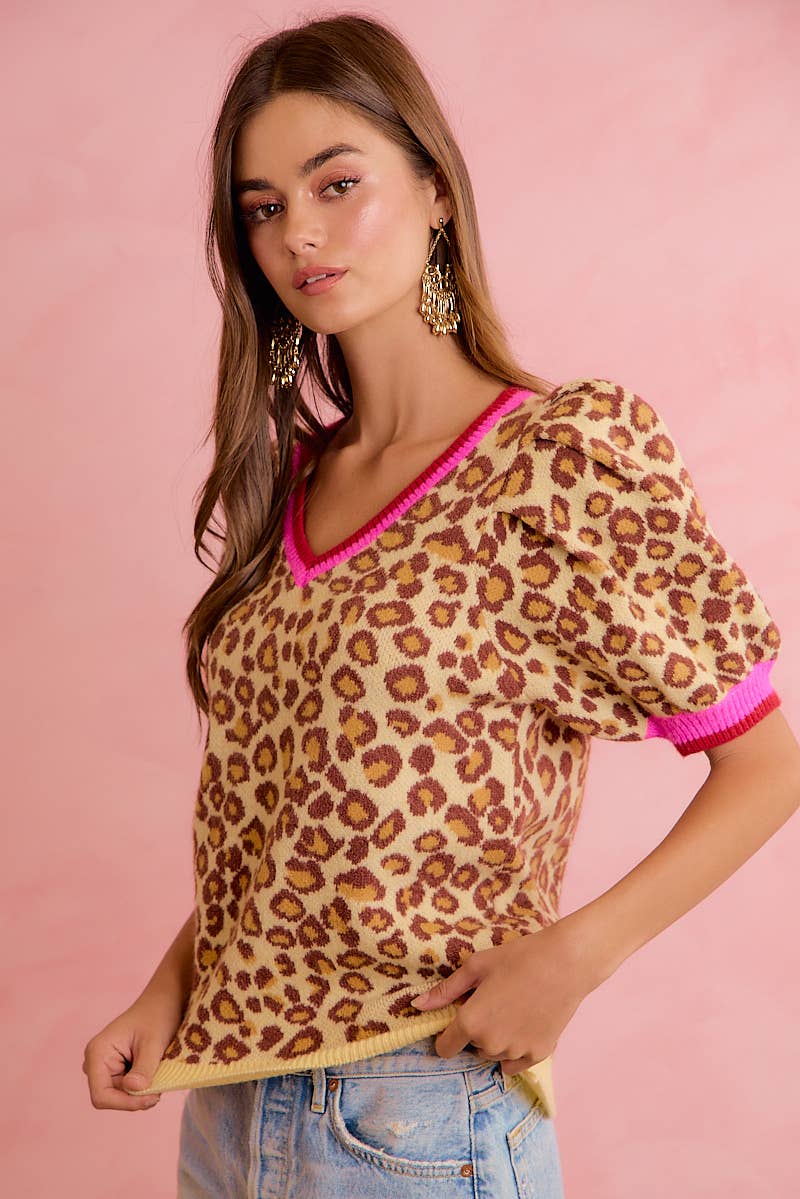 LEOPARD PATTERN PUFF SLEEVE V-NECK SWEATER TOP