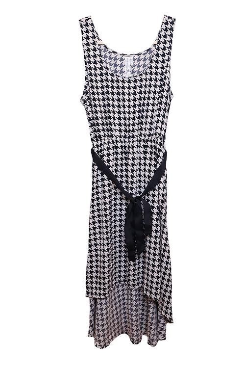 Houndstooth belted sleeveless dress