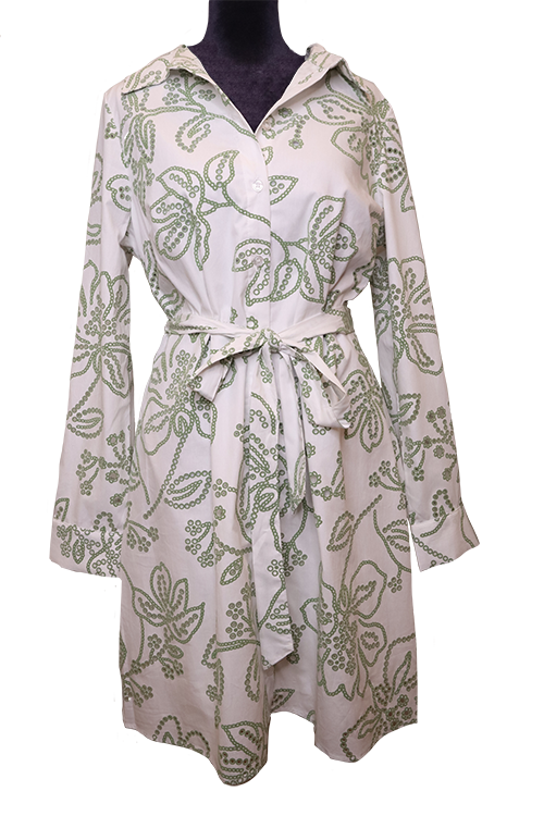 Green floral button down dress with ribbon belt