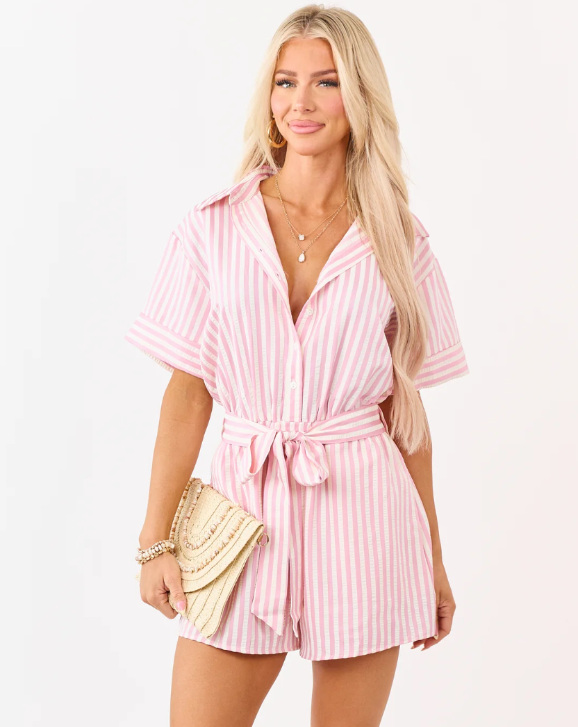 She+Sky Baby Pink and Cream Striped Buttoned Romper