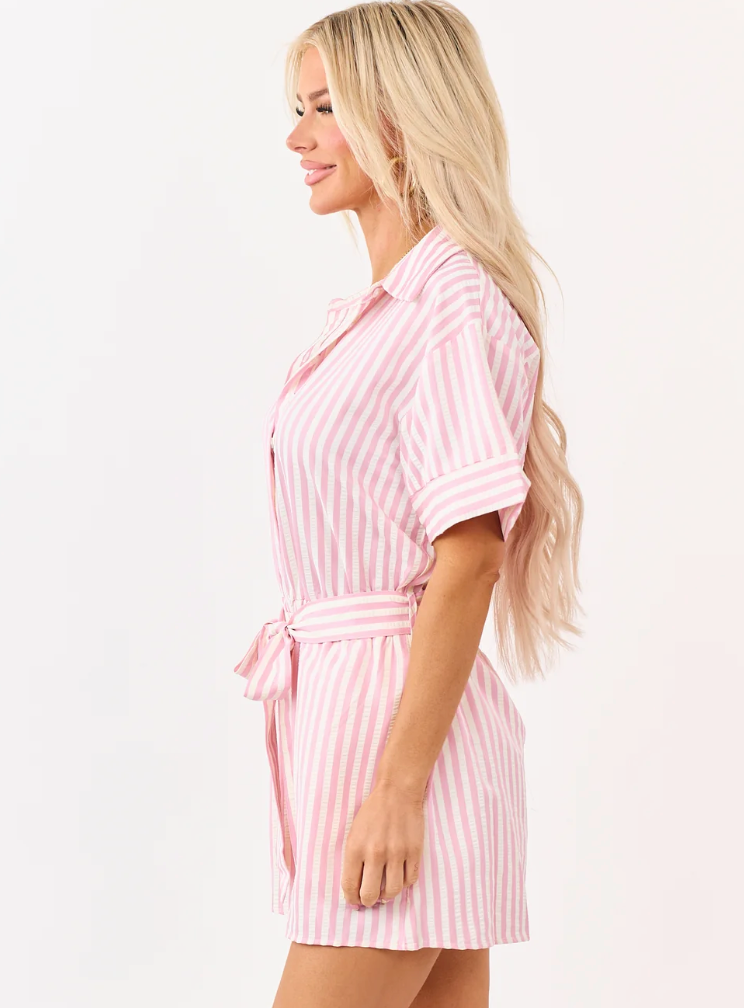 She+Sky Baby Pink and Cream Striped Buttoned Romper