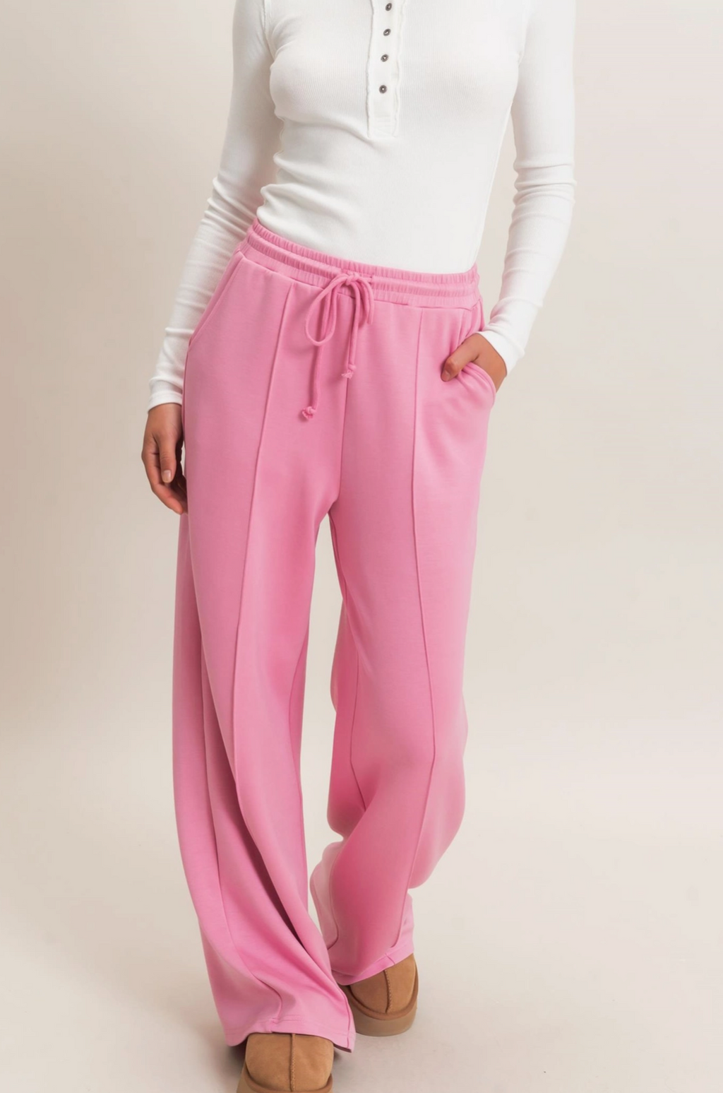 Drawstring Waist Pintuck Wide Leg Loungewear