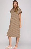 Brown striped short sleeve midi dress