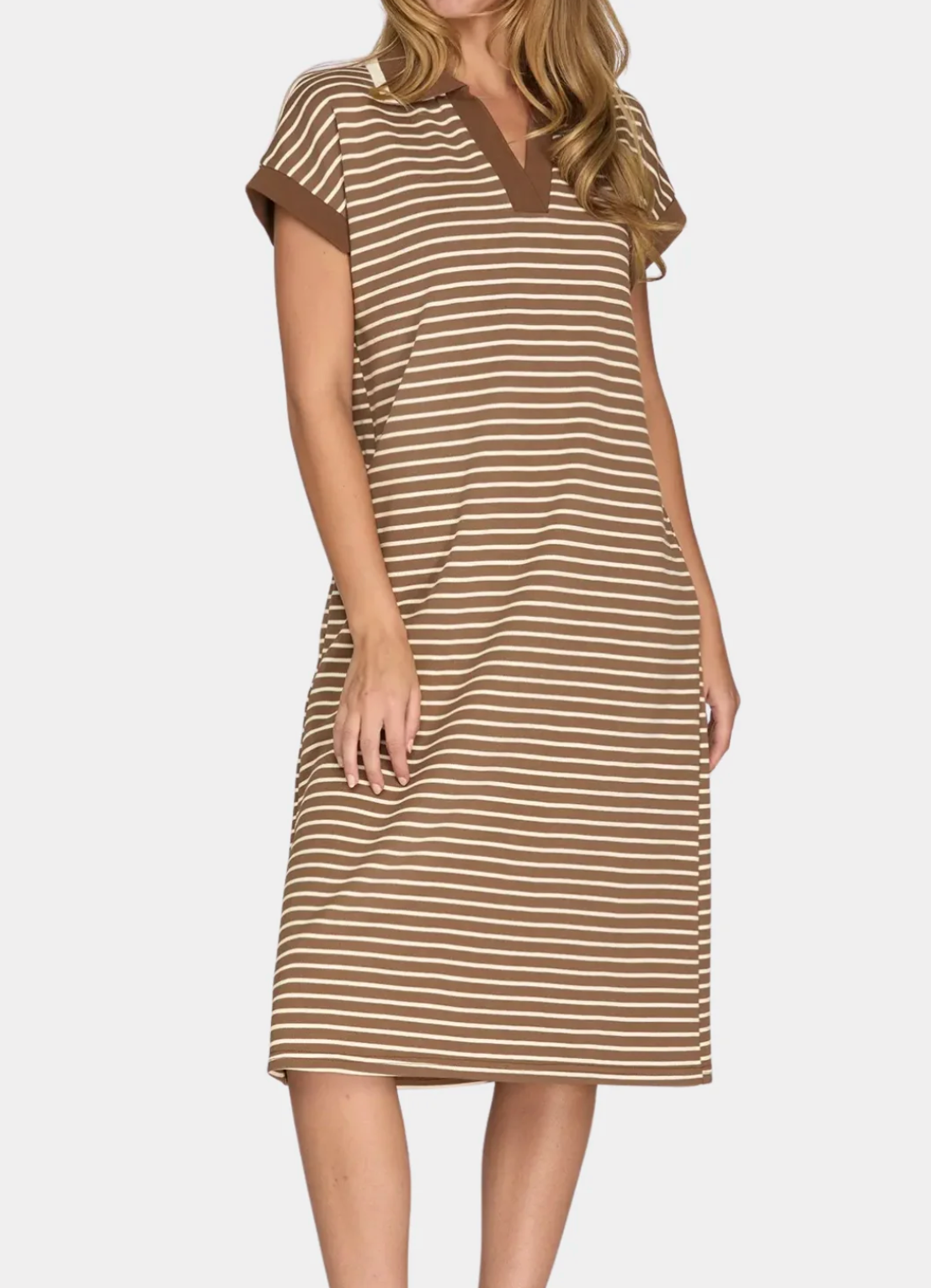 Brown striped short sleeve midi dress
