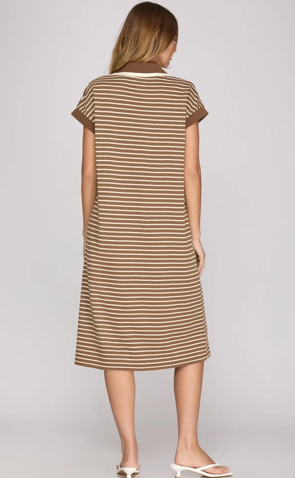 Brown striped short sleeve midi dress