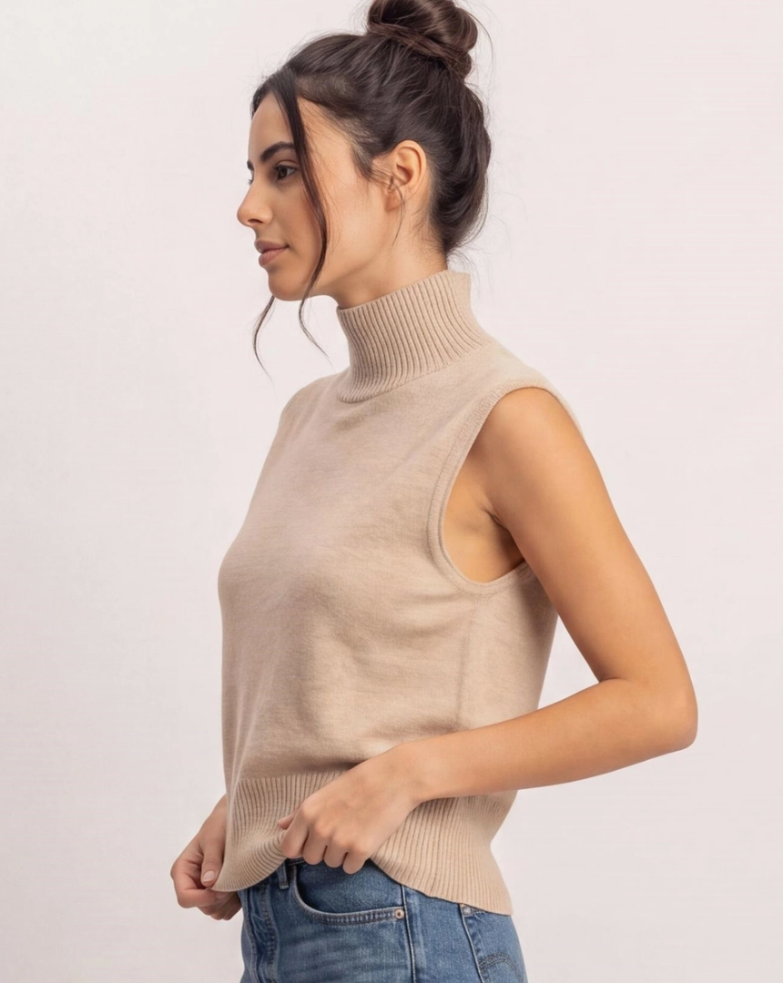 Sleeveless High Neck Knit Top