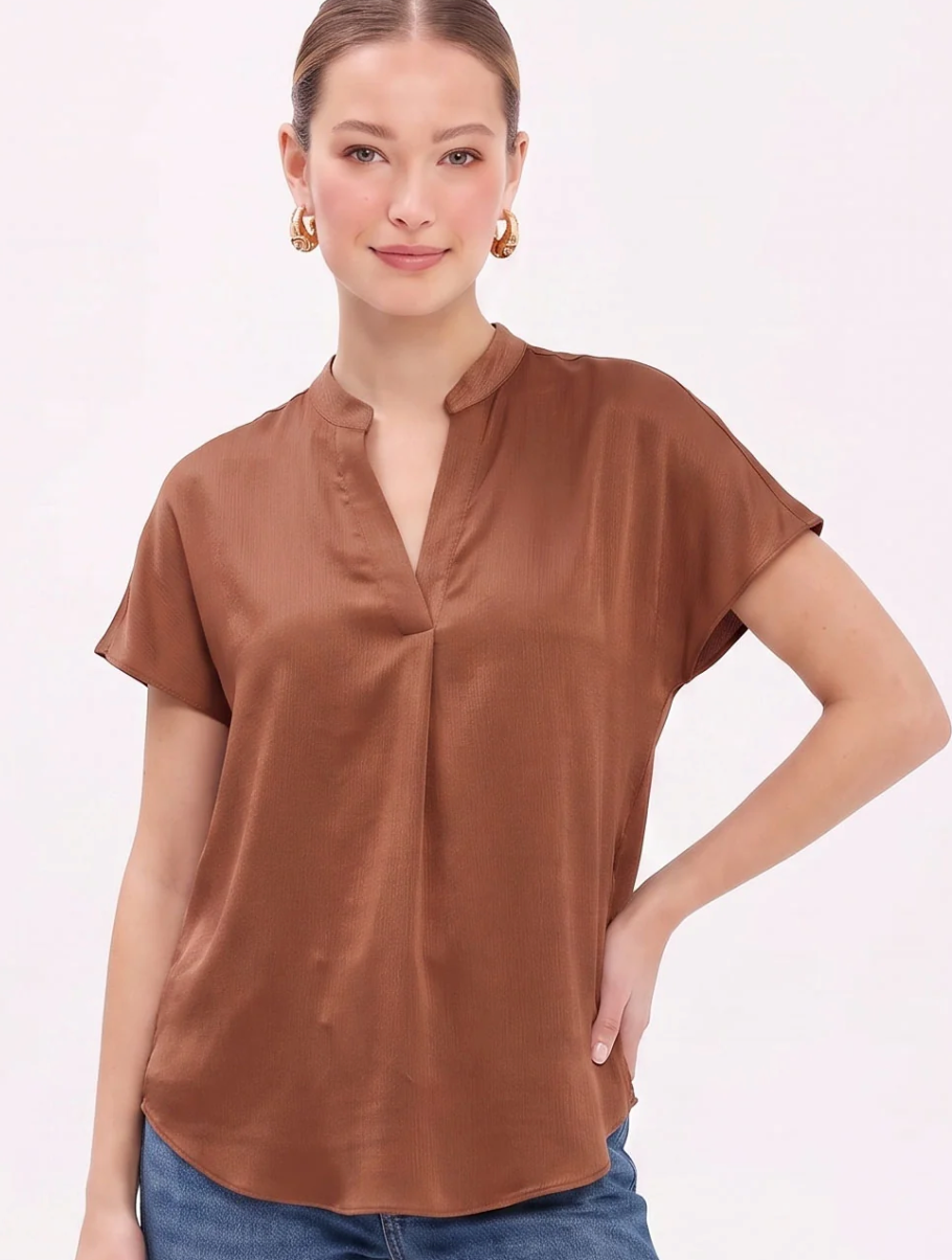Drop Shoulder V-Neck Crinkle Satin Blouse - 5 Color Options
