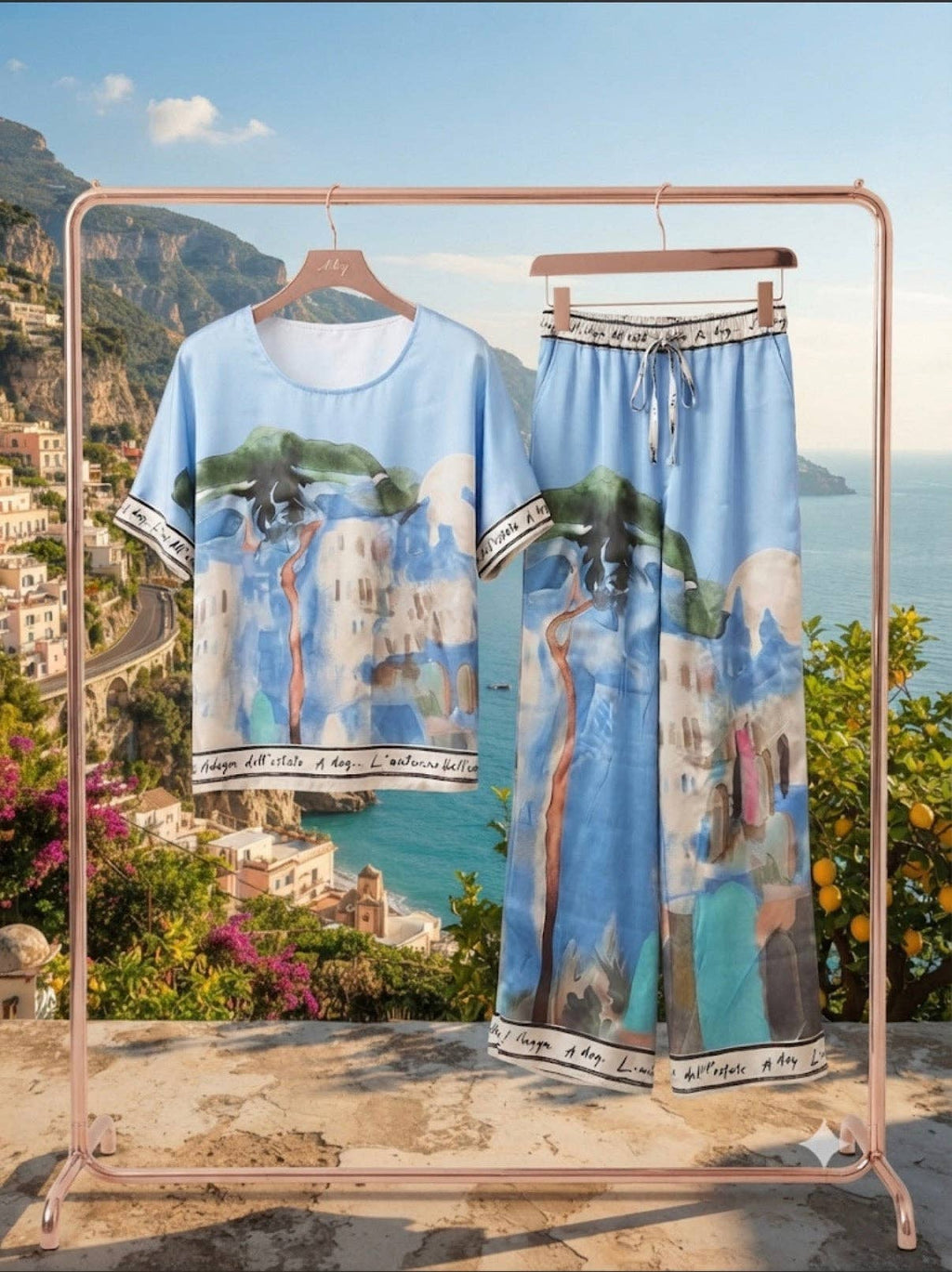 O/S - Italian Watercolour Women’s Pant & Oversized Relaxed Top Set- BABY BLUE - Viscose/ Polyester blend, Made in Italy