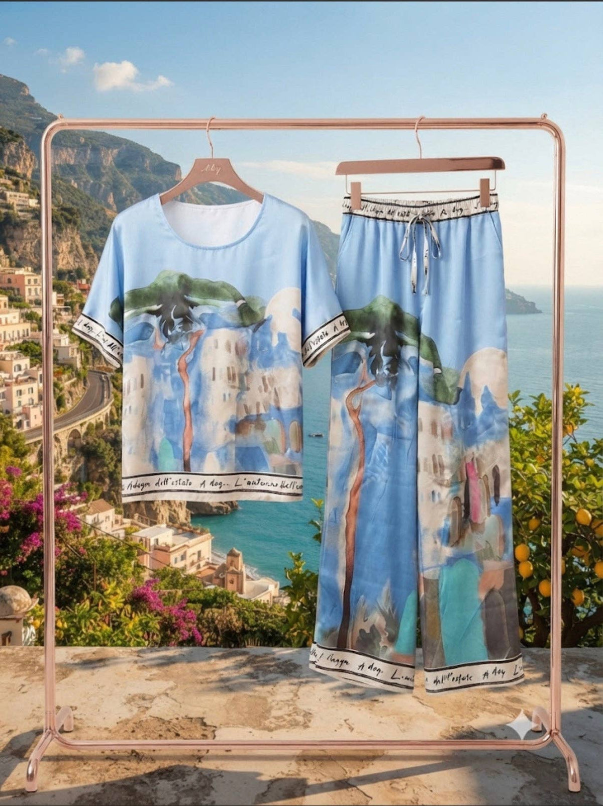 O/S - Italian Watercolour Women’s Pant & Oversized Relaxed Top Set- BABY BLUE - Viscose/ Polyester blend, Made in Italy