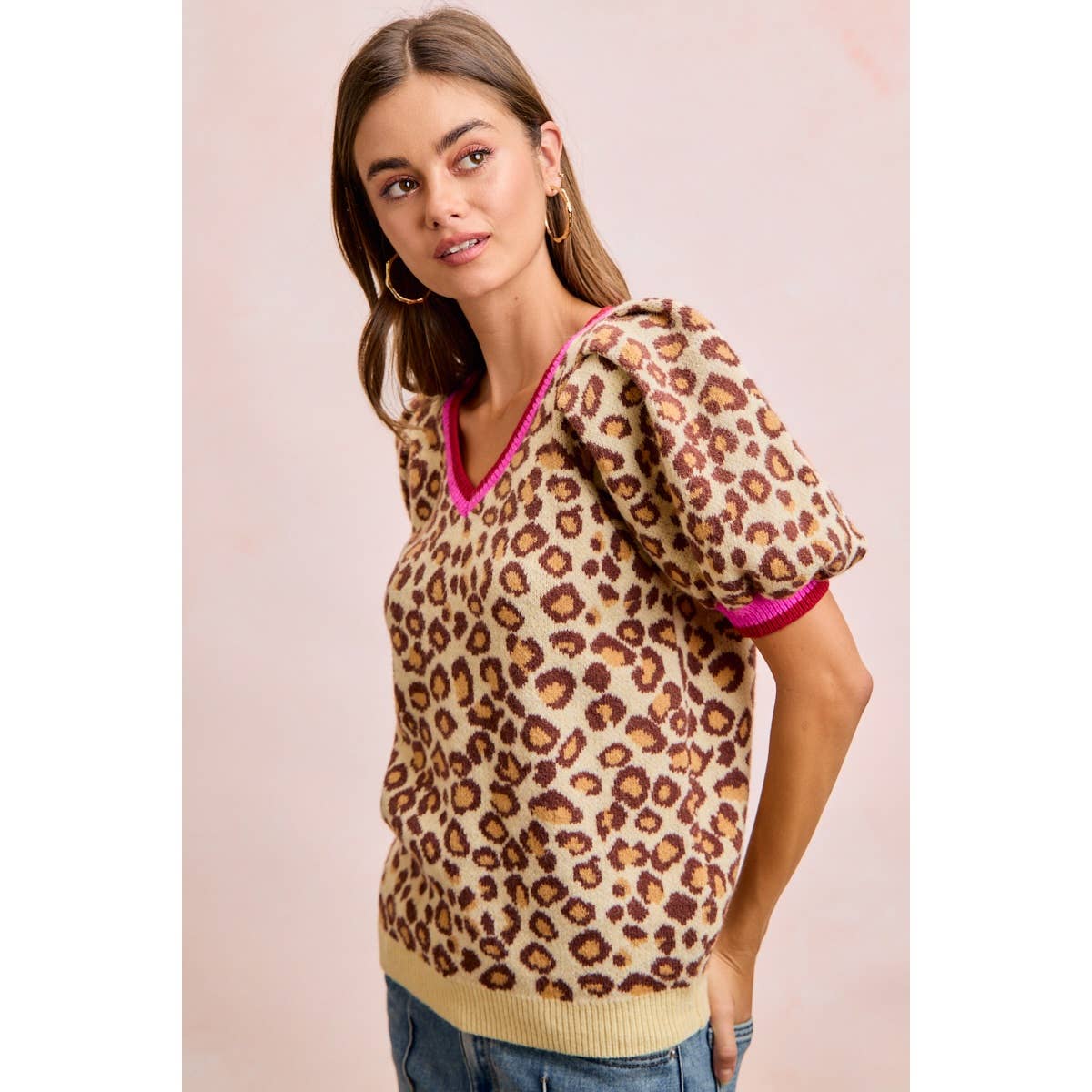 LEOPARD PATTERN PUFF SLEEVE V-NECK SWEATER TOP