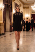 Contrast Lace Mock Neck Long Sleeve Open Back Mini Dress