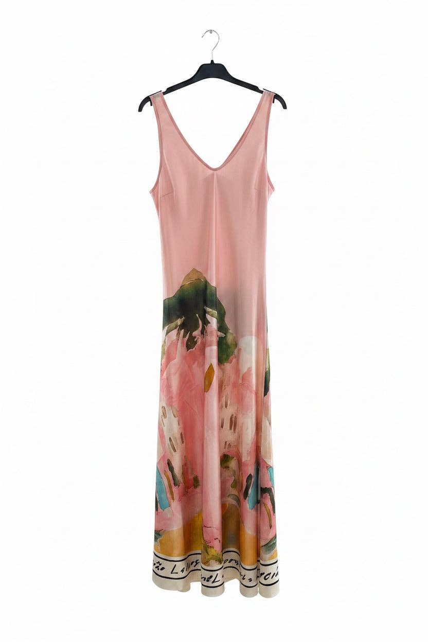 Italian Silk WIDE STRAP V-Maxi Dress -ROSE PINK-Water color print, Made in Italy, Viscose/Silk blend