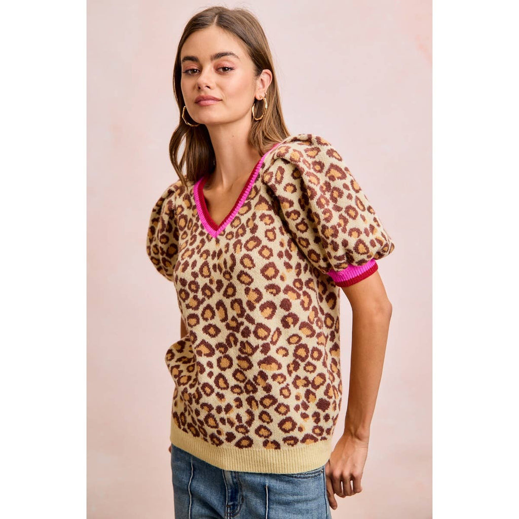 LEOPARD PATTERN PUFF SLEEVE V-NECK SWEATER TOP