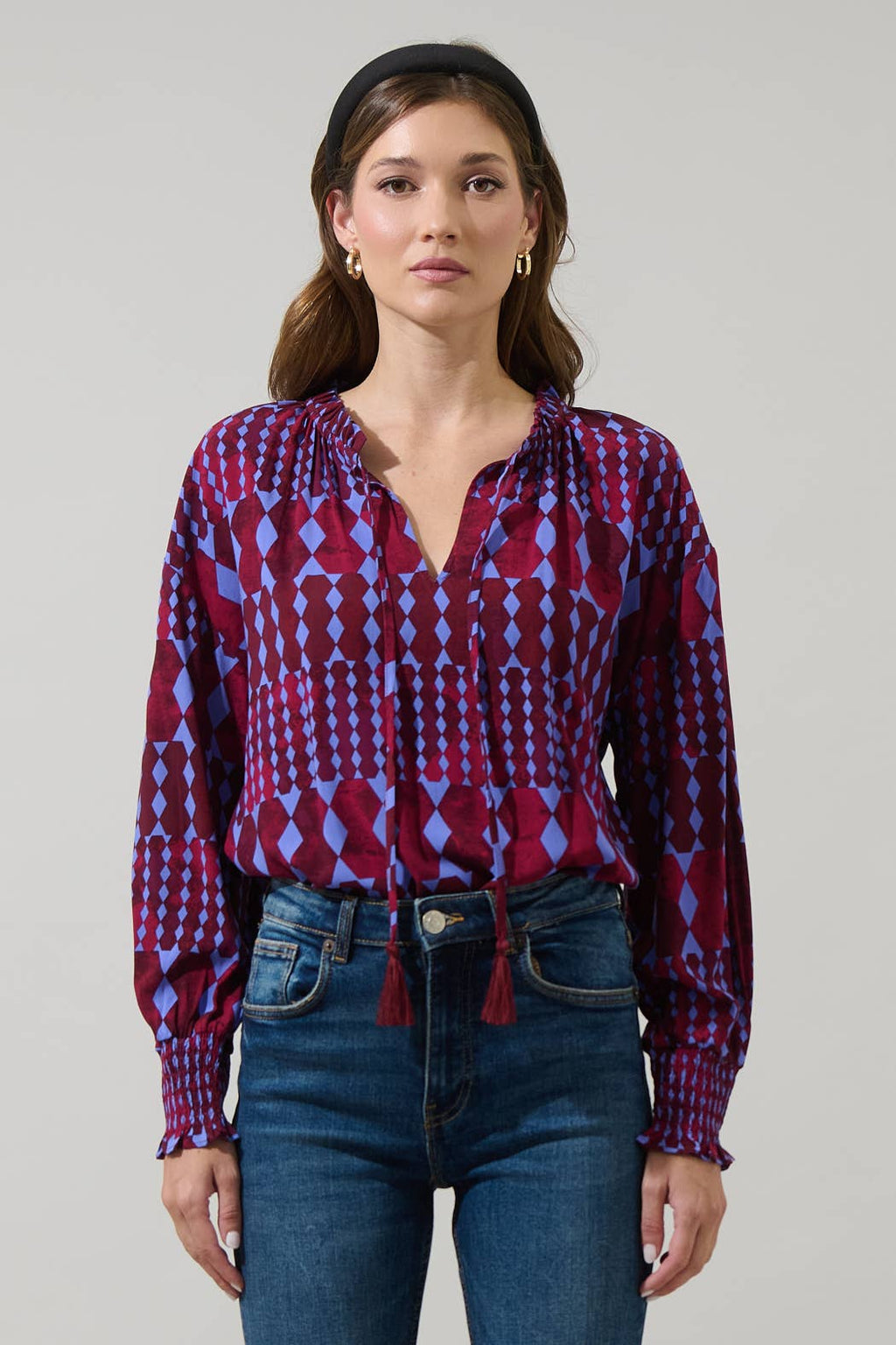 Ramsay Abstract Weylin Split Neck Tassel Blouse