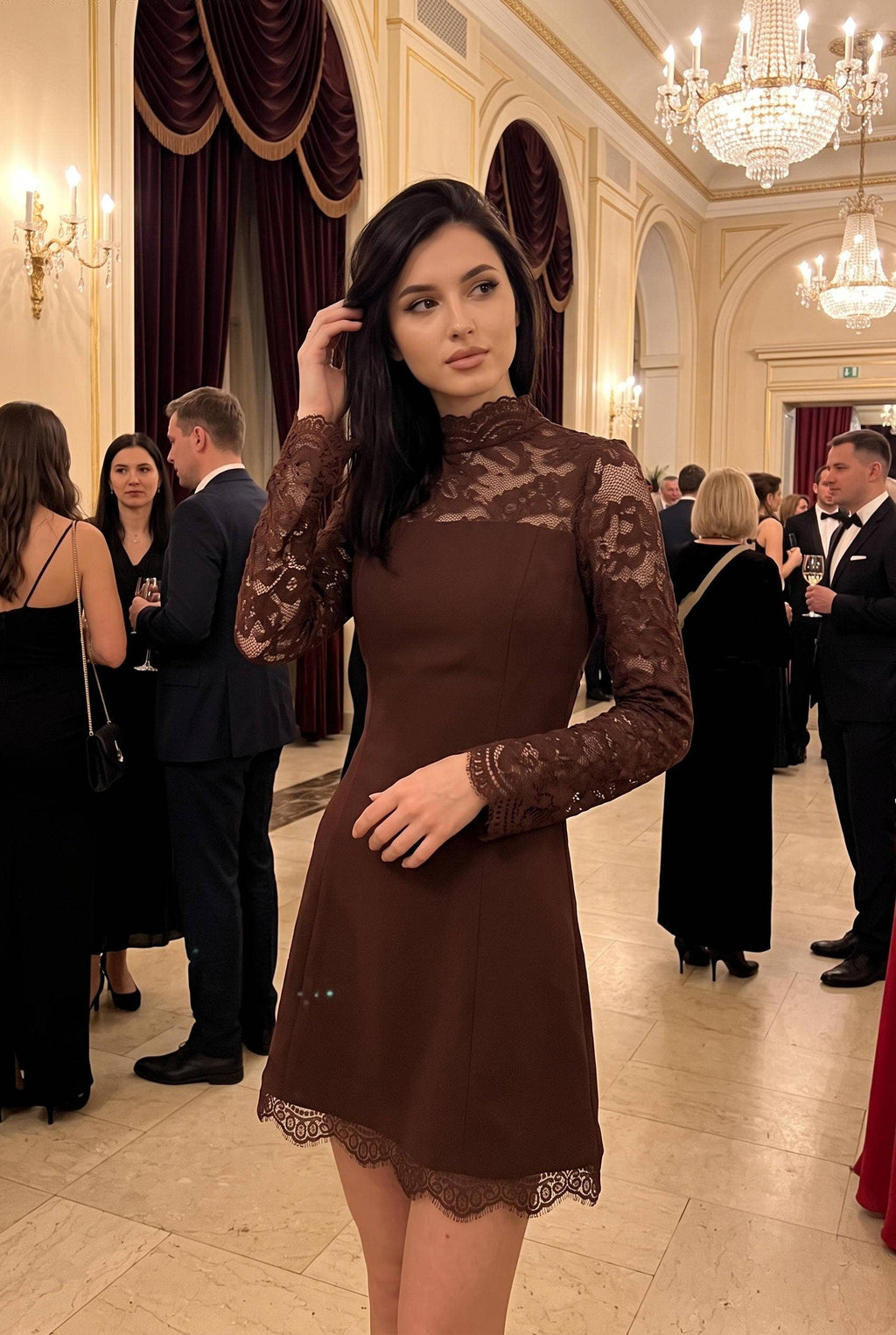 Contrast Lace Mock Neck Long Sleeve Open Back Mini Dress